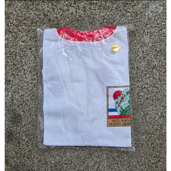Vtg 70s Boy Scouts 1973 Scout Jamboree Ringer T Shirt White Medium NOS In Pack - Picture 1 of 3